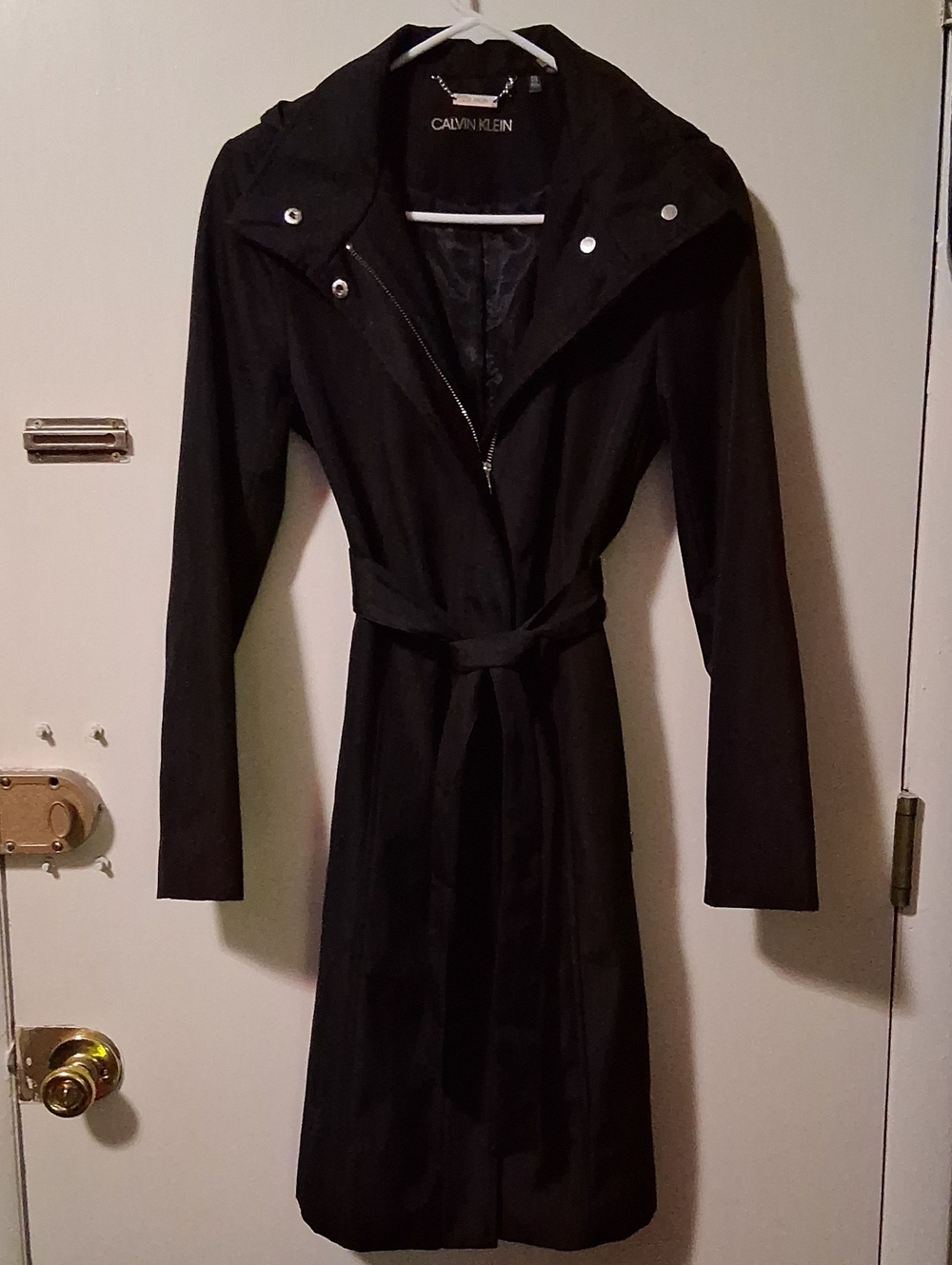 Calvin Klein Black Trench Coat with Tie Belt & Removable Hood